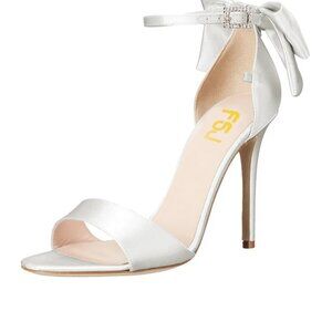 FSJ White Women's White Satin Ankle Strap Bow Stiletto Heels Bridal Sandals